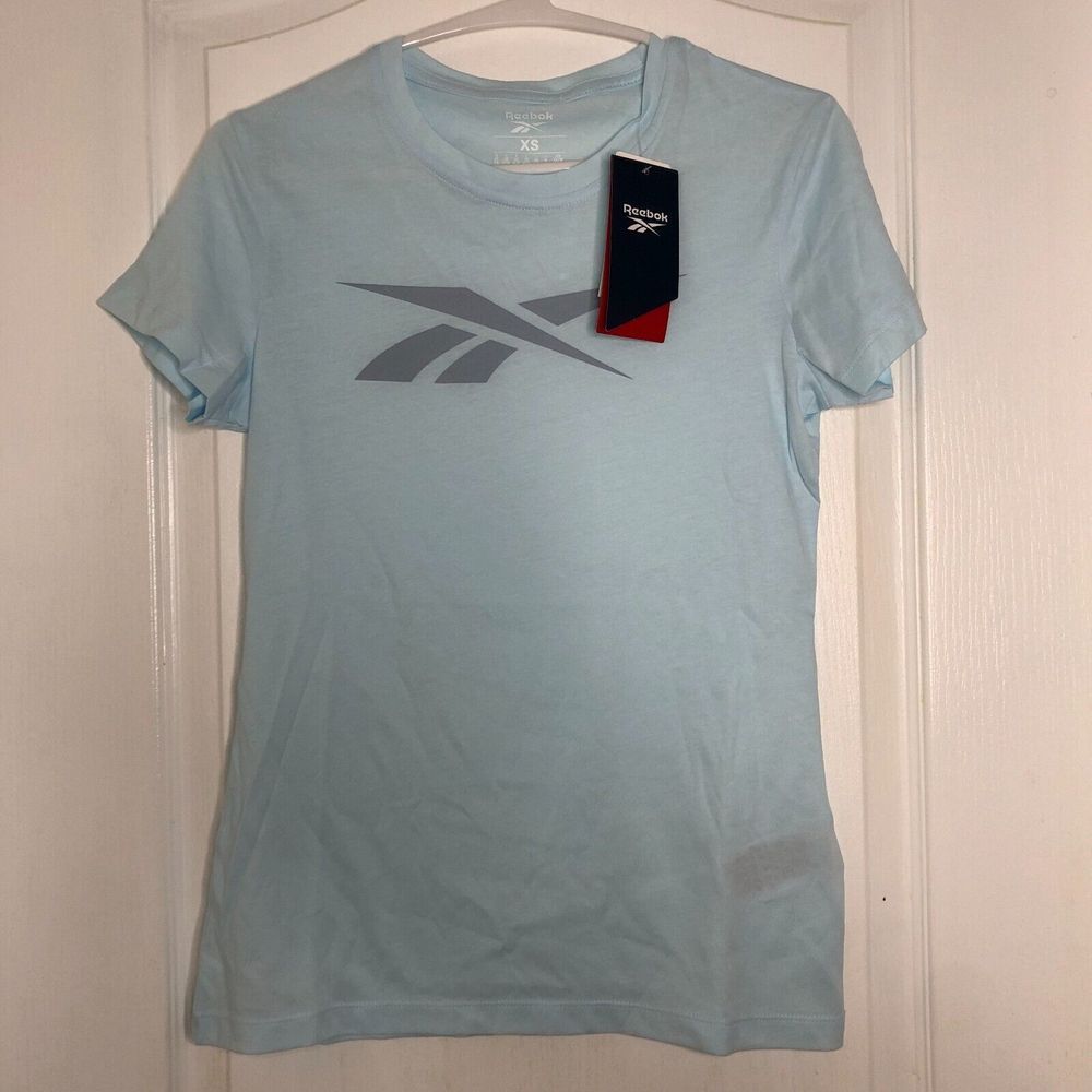 Reebok Women TE Graphic Vect T-Shirt Glass Blue Cotton Training Top XS H09805